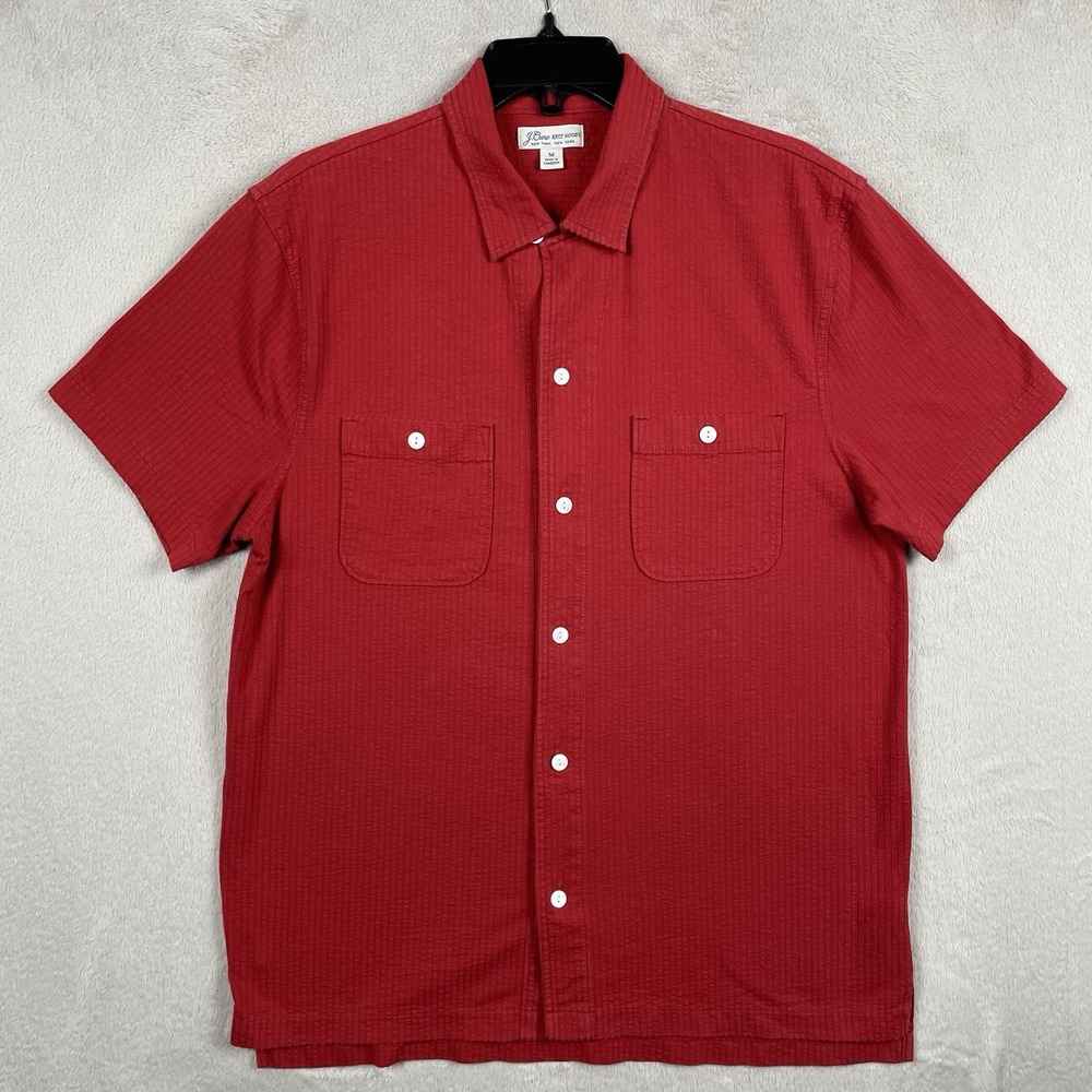 J Crew Knit Shirt Men Medium Red Striped Short Sleeve Pocket Button Up  Vacation